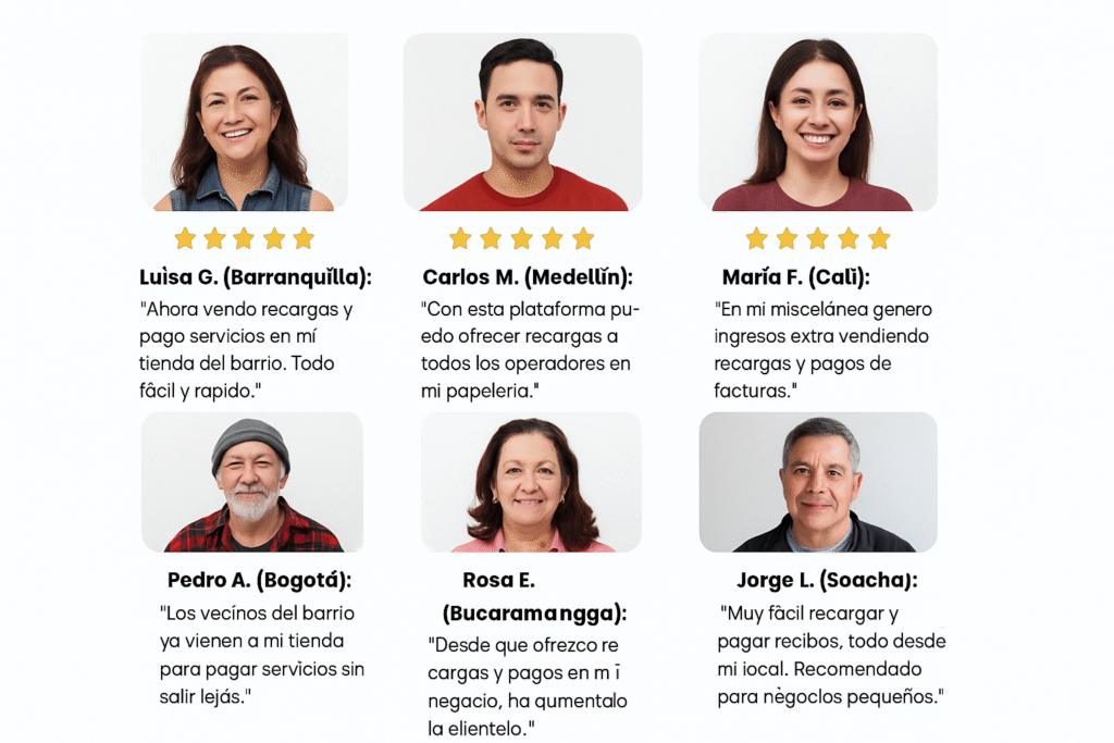 Clientes satisfechos usando plataformas de recargas en Colombia para vender saldo y servicios.