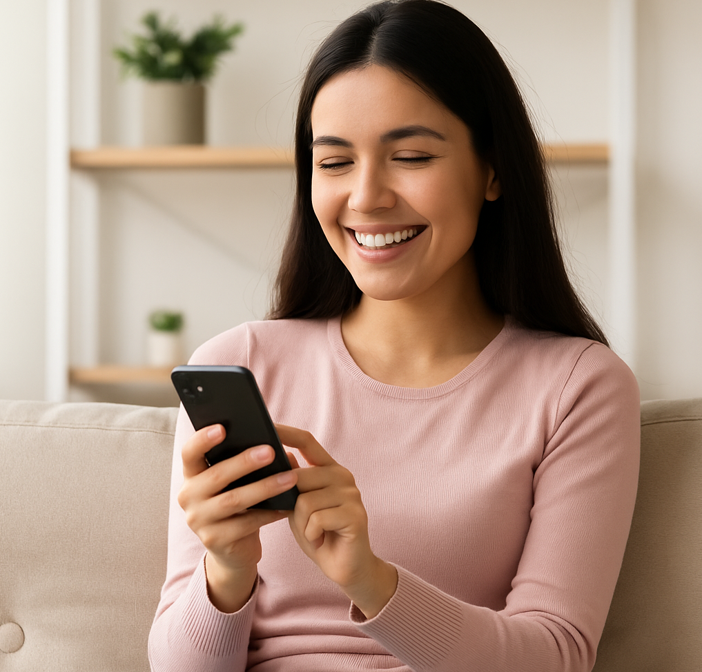 Mujer usando su celular desde casa para vender cuentas de Netflix y generar ingresos adicionales.