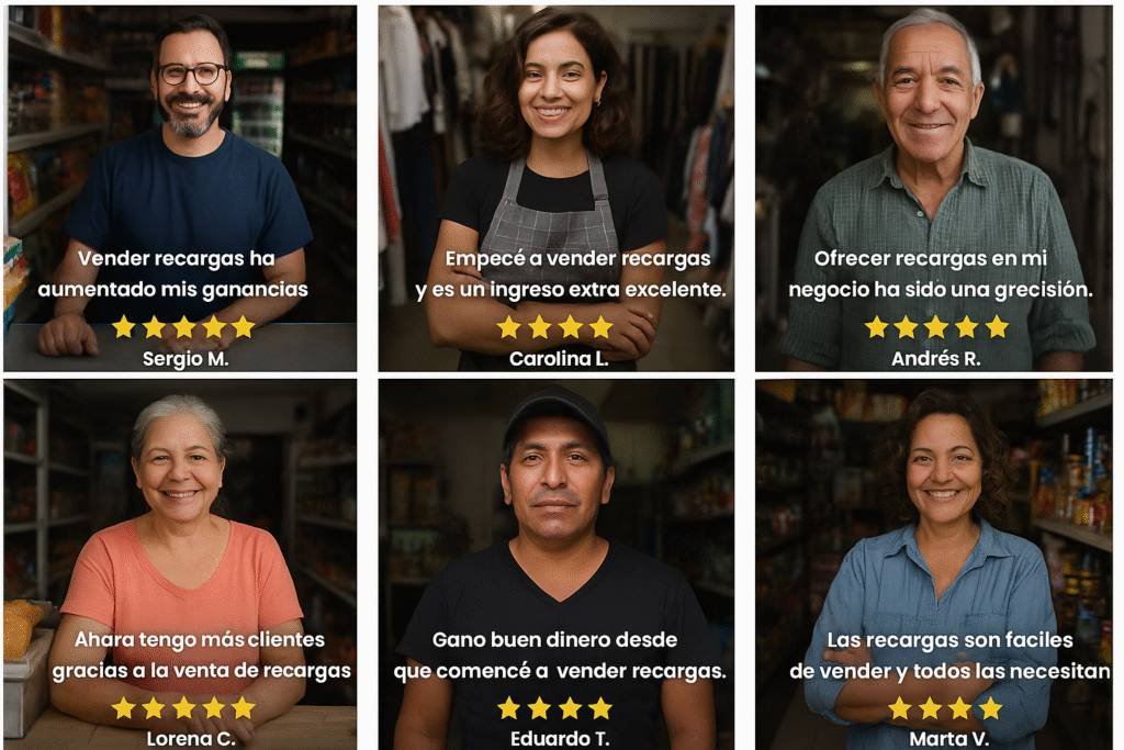 Testimonios de vendedores de recargas en negocios de barrio con opiniones positivas y calificaciones de cinco estrellas