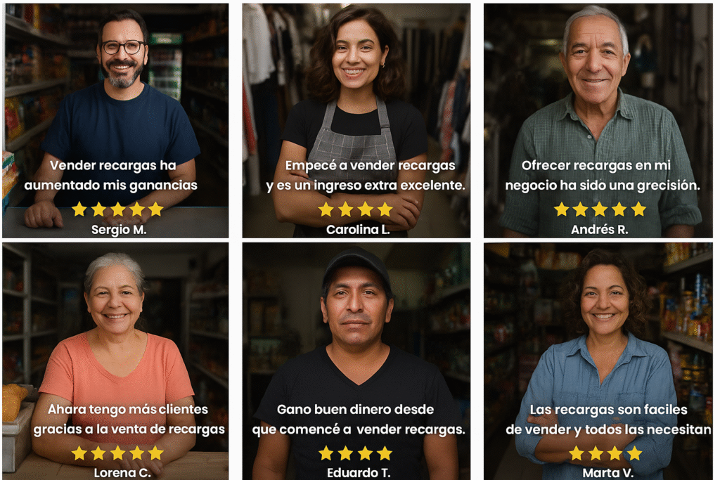 Testimonios de vendedores de recargas en negocios de barrio con opiniones positivas y calificaciones de cinco estrellas